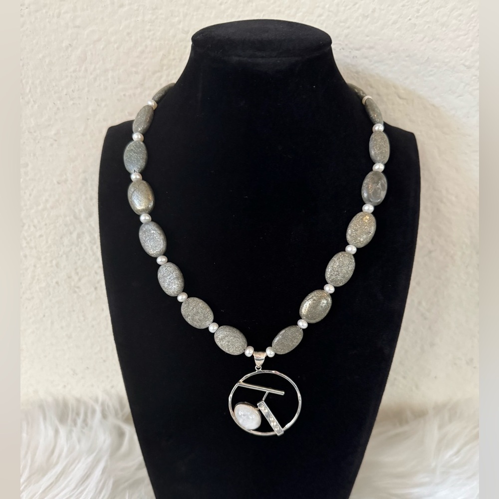 NWOT Jasper Beaded Necklace with Moonstone 925 Pendant - Picture 1 of 9